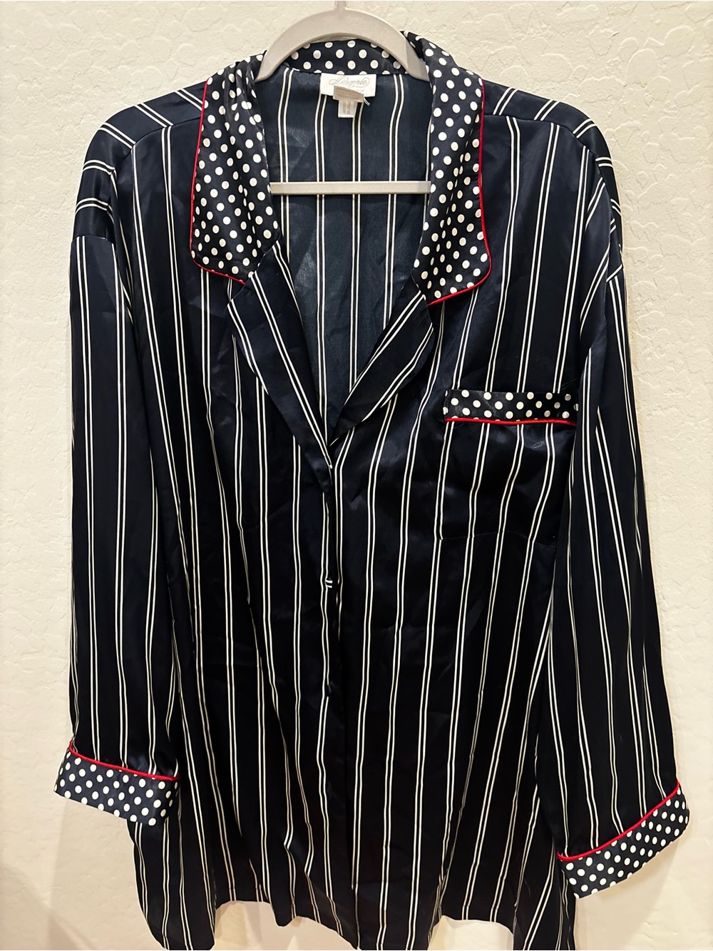 Nordstrom Navy Striped Satin Pajama Top with Polka Dot Trim and Red Piping